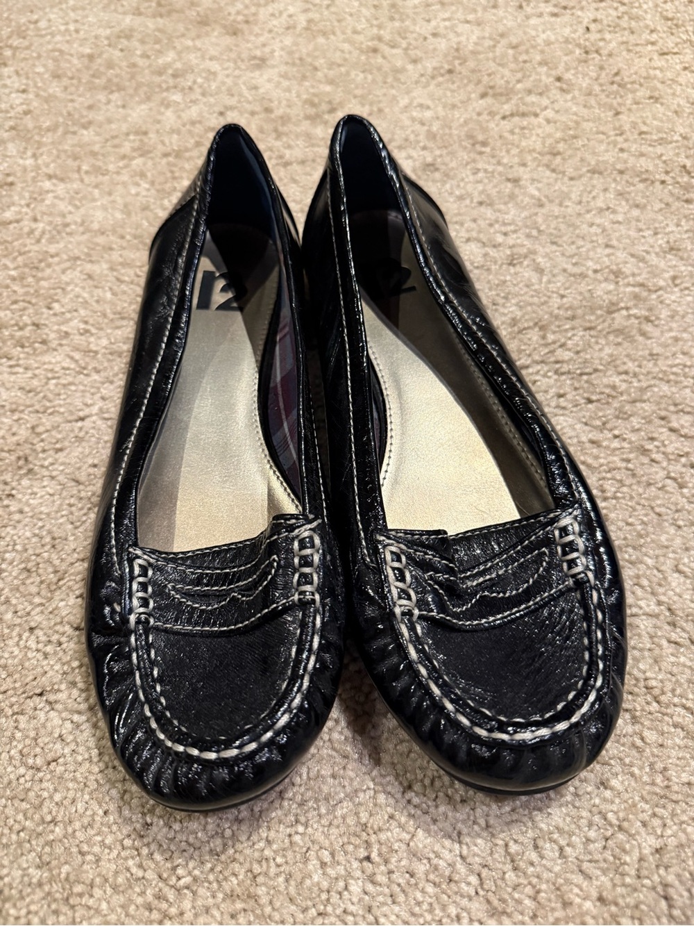 Report Black Patent Leather Penny Loafer Flats with White Stitching